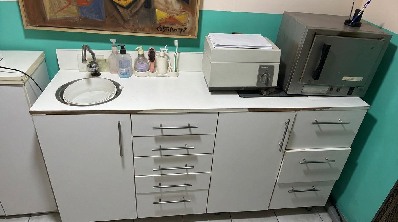 Escritorio de trabajo del consultorio con instrumental y materiales odontológicos ordenados — Consciencia Odontológica, Villa Nueva